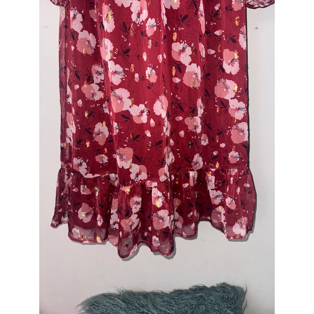 Floral Midi Dress Long Sleeve V Neck Ruffle Hem Burgundy‎ M - Picture 3 of 11